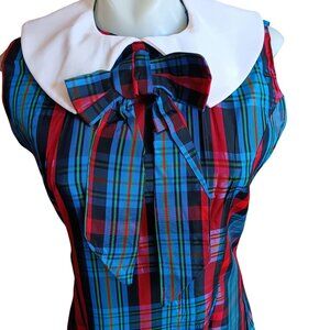 sz 11 Vintage 1960's Plaid Sleeveless Maxi Dress Pilgrim Collar Bow Acetate USA